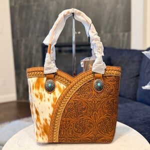 Montana West Tooled & Cowhide Whipstitch Tote Bag Brown